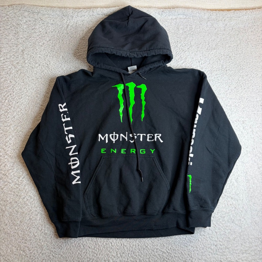 Monster Energy Y2K Kawasaki Racing Hoodie Black Sweatshirt Mens Medium grunge